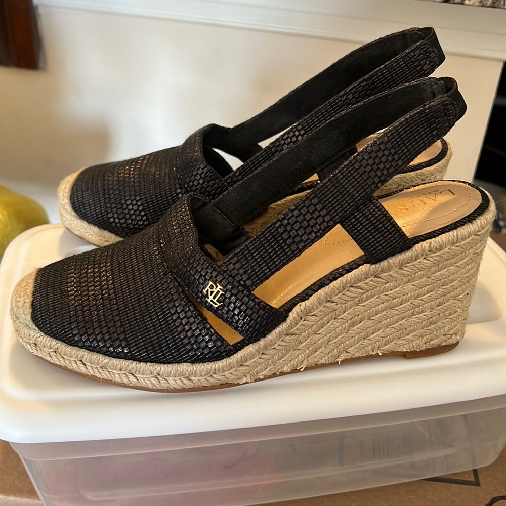 Ralph Lauren RL Slingback Espadrille Wedges Black Sz 8B Pre-owned